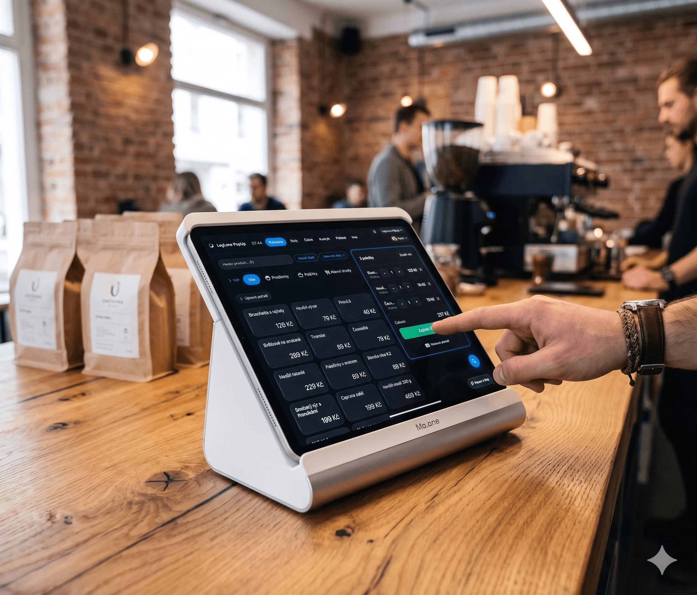 Mo.one Hub na tabletu v Mo.one stojanu · kavárna Legi.one PopUp, host platí prstem na zelený Zaplatit