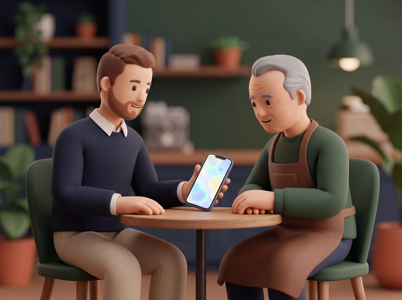 A franchisee showing the owner the app on a phone