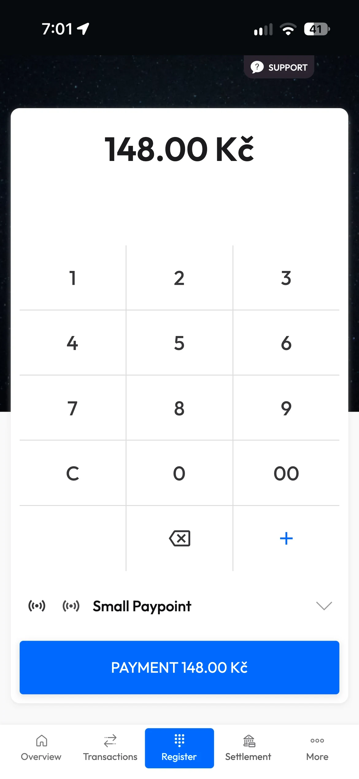 Mo.one App: the till with a raised payment of 148.00 Kč