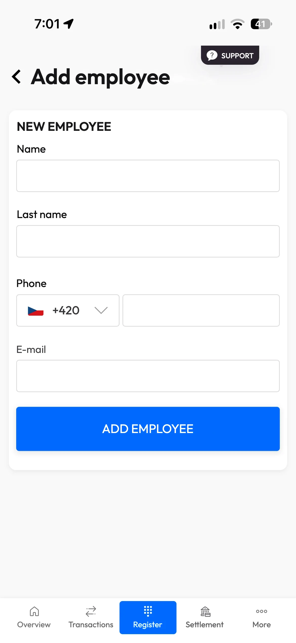 Mo.one App: the Add employee form