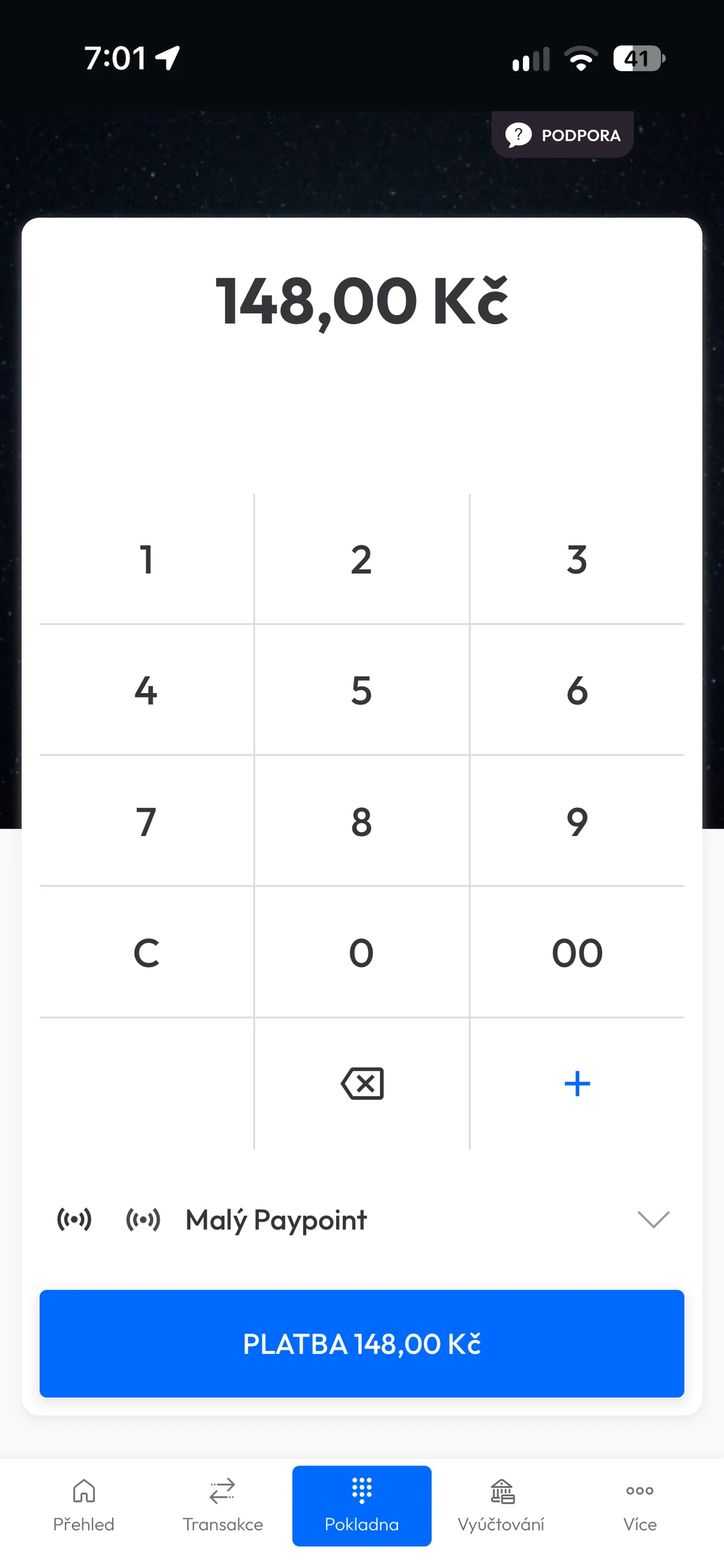 Mo.one App: the till with a raised payment of 148.00 Kč