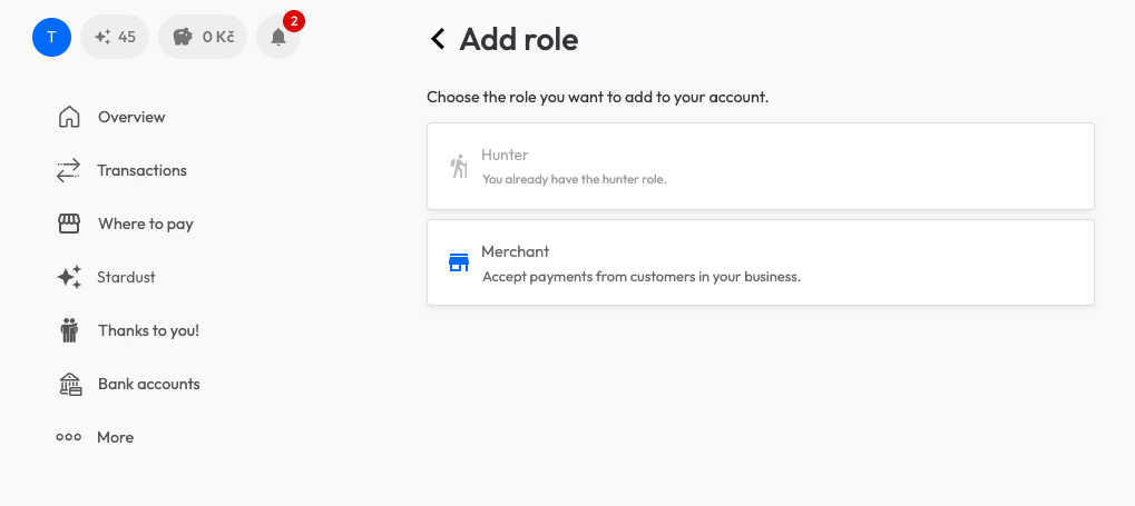 The Add role screen with a choice of Hunter and Merchant
