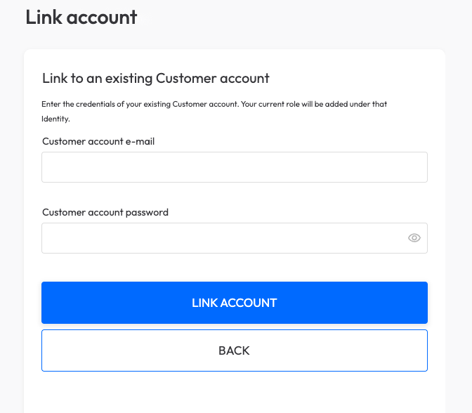 The Link with an existing Customer account form: e-mail and password of the personal account, the Link account and Back buttons