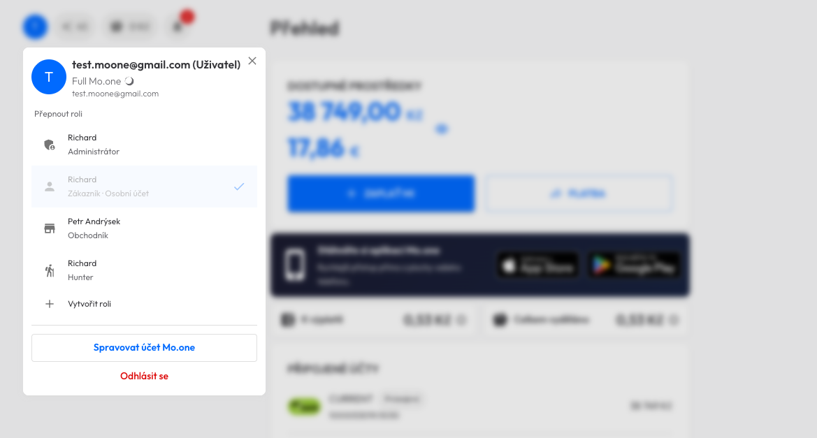 Přepínání rolí v profilu aplikace Mo.one: administrátor, osobní účet, obchodník, hunter a tlačítko Vytvořit roli