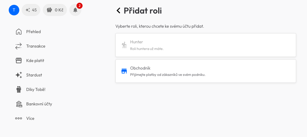 Obrazovka Přidat roli s výběrem Hunter a Obchodník